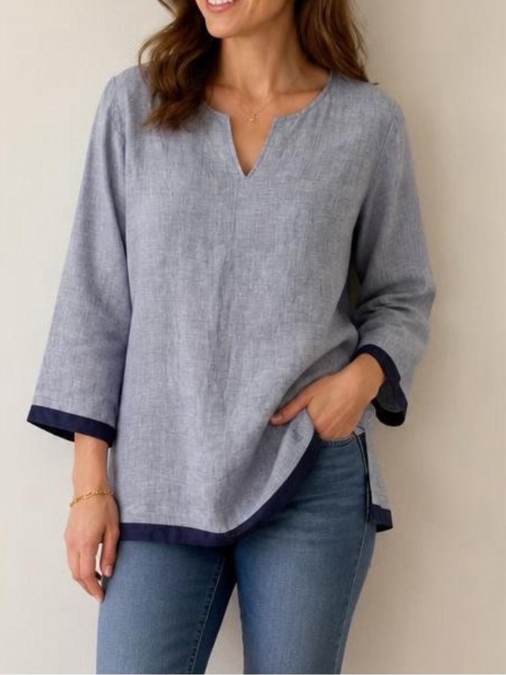 UNTUCKit All Linen Light Blue Tunic Top with Navy Trim Sz 12